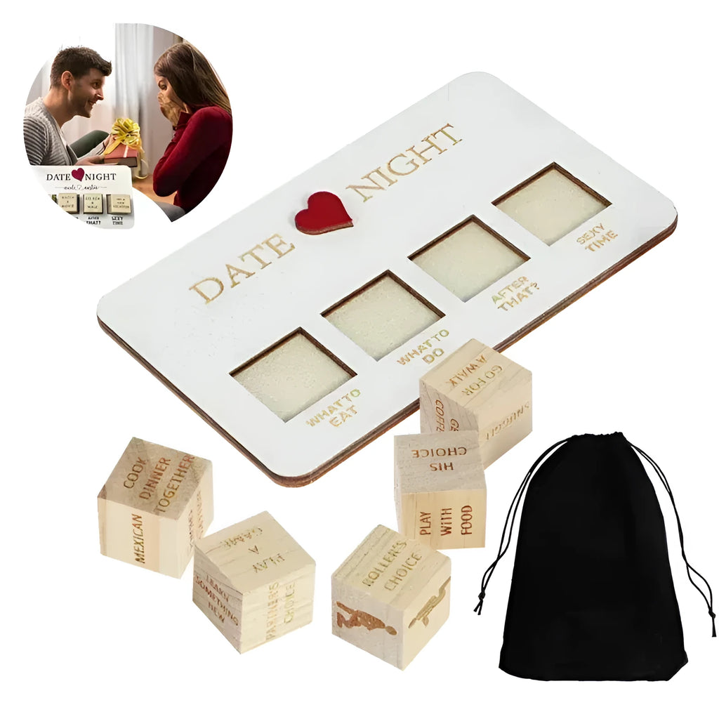 Wooden date night dice set showing five dice, date planner board, and black storage bag for couple's activities