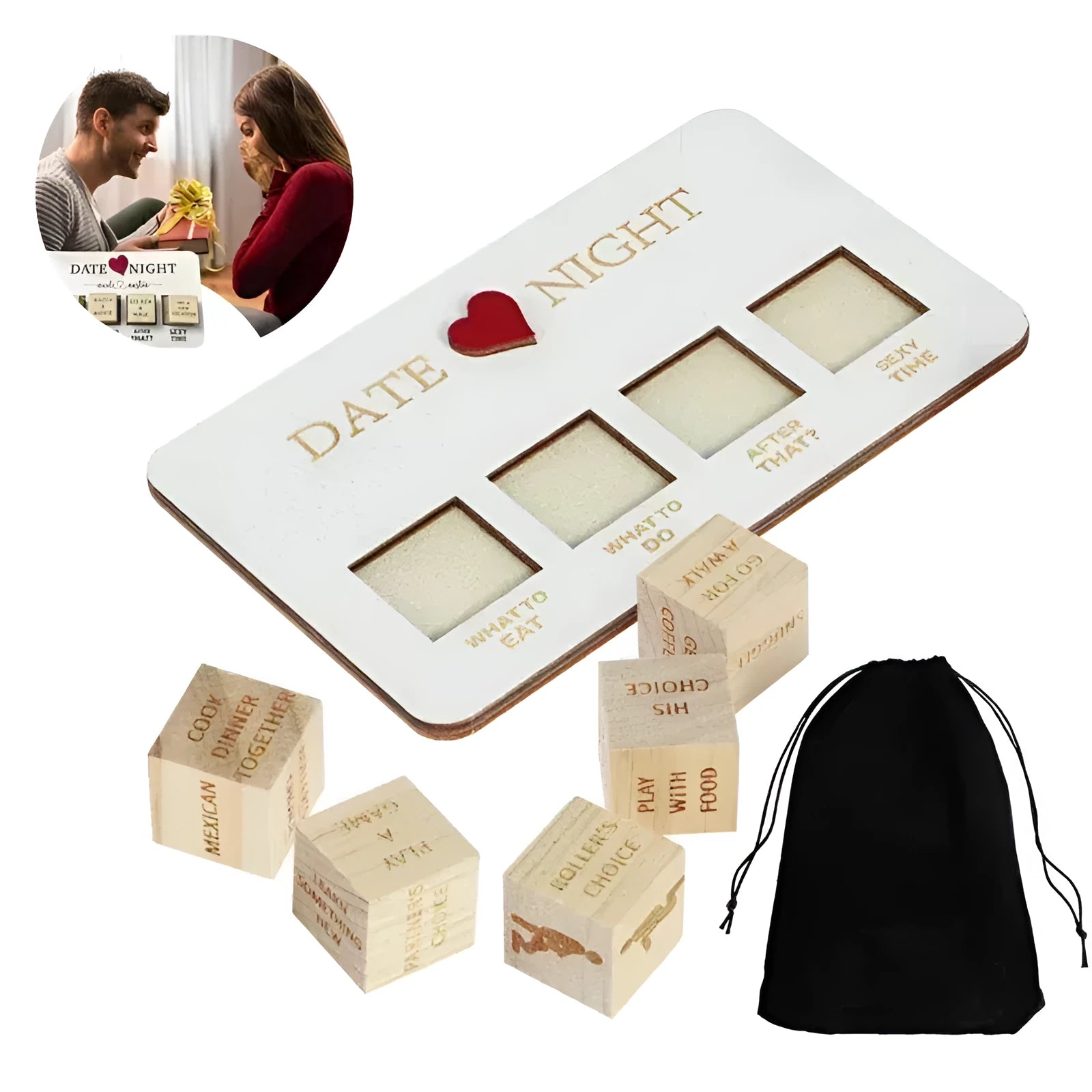 Wooden date night dice set showing five dice, date planner board, and black storage bag for couple's activities