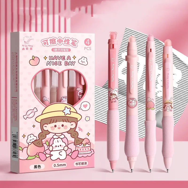 Erasable cartoon press gel pen with 0.5mm tip showing Aerospace and Panda design options.