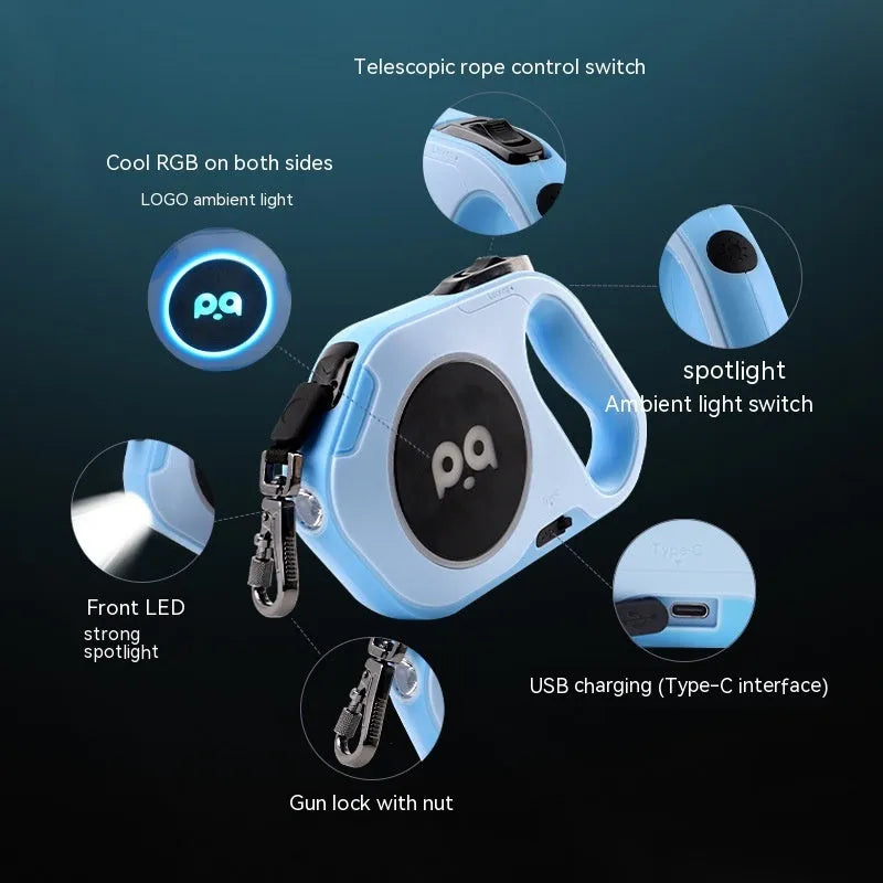 LED retractable dog leash 5m USB rechargeable in sky blue with ABS TPU PC silicone housing
