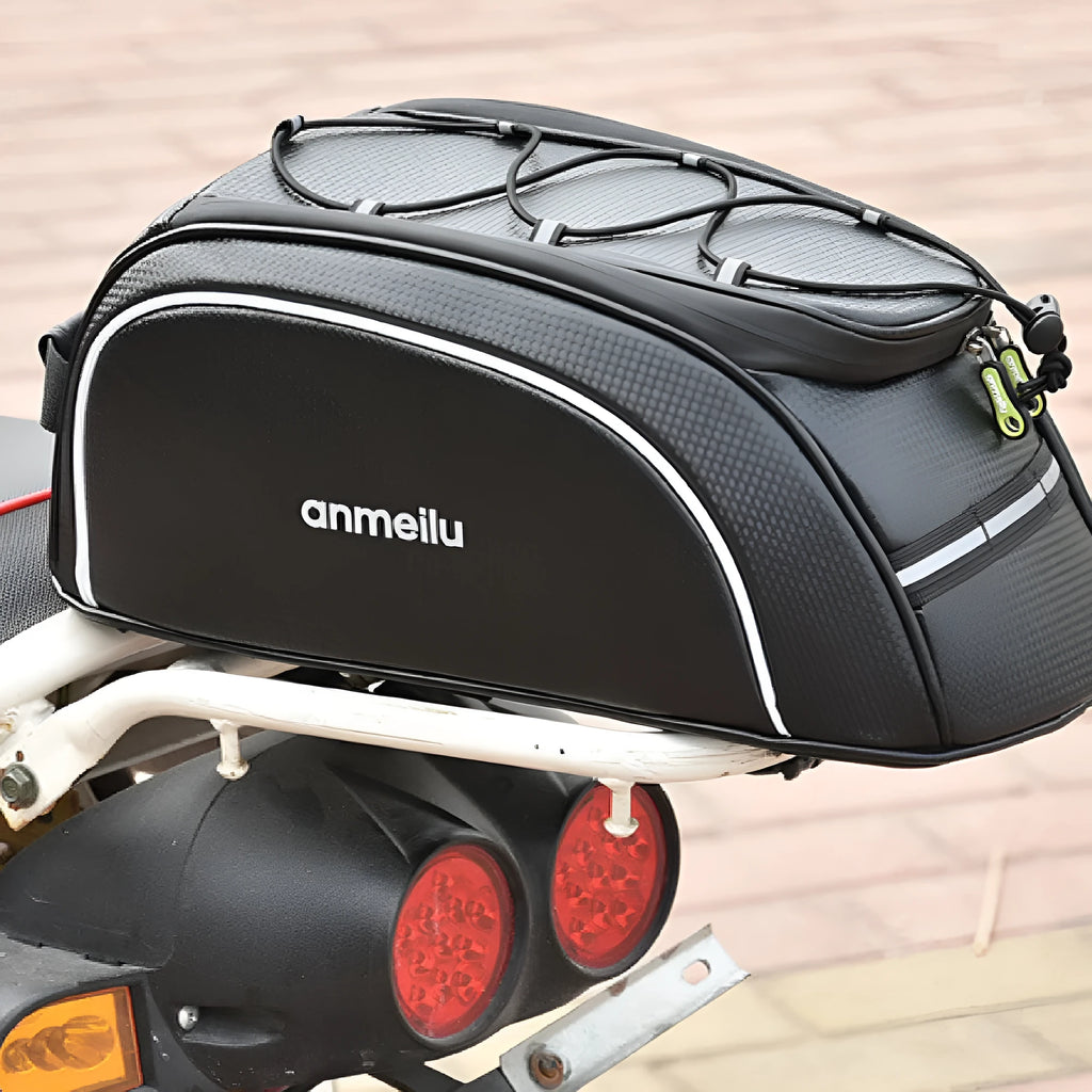 Waterproof black cycling bag mounted on bicycle rack with 8L capacity