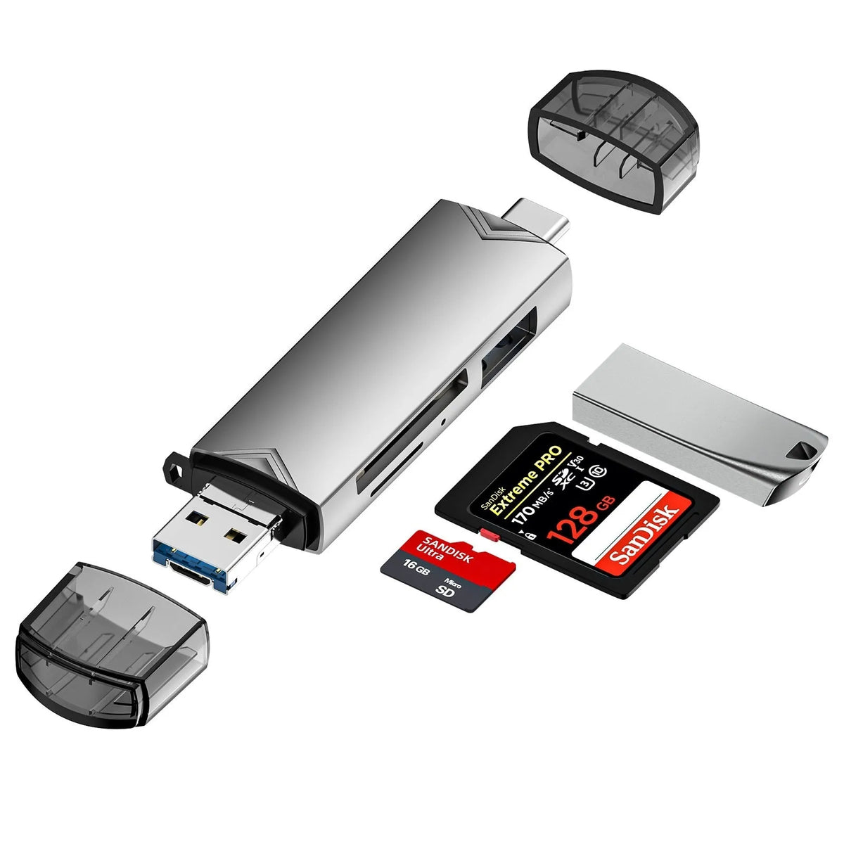 Grey aluminium alloy USB 3.0 multi-functional card reader with SD and TF slots
