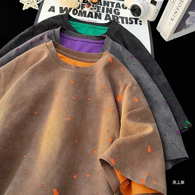 Men's loose fit ripped short sleeve T-shirt in khaki, dark green, or black and grey colours