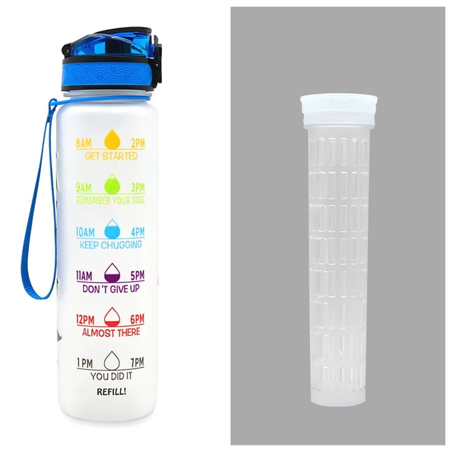 Blue and red gradient 1-litre Tritan sports water bottle with time markers, flip-top lid, and wrist strap.