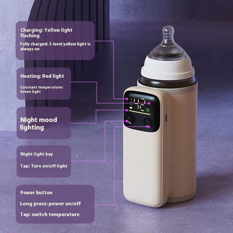 Universal baby bottle insulation warmer with grey sleeve and digital display showing temperature