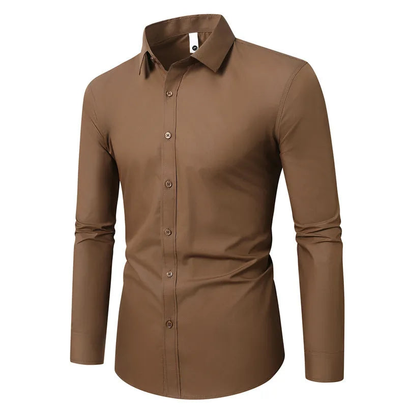 Men's slim-fit long sleeve linen shirt on a hanger, shown in a light grey colour.