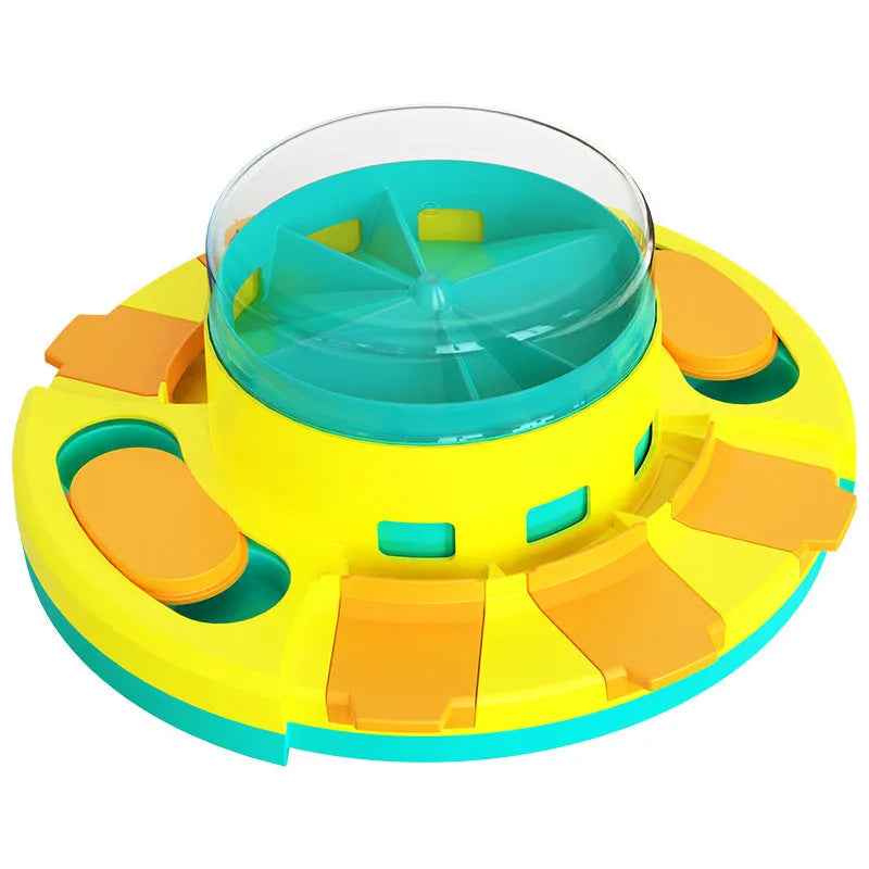 Plastic pet toys including food leakage bear, bulb tumbler cat toy, and educational puzzles in various colours