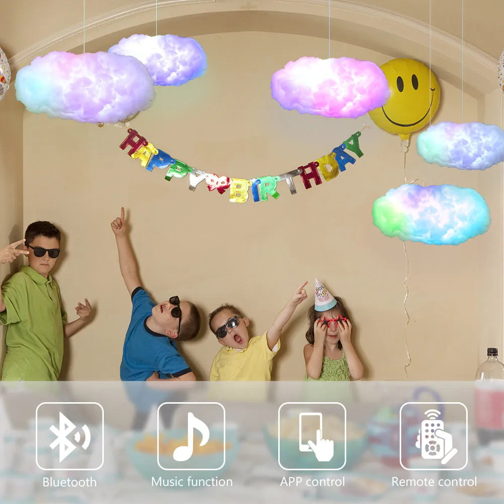White fabric cloud pendant light with colour-changing LED lighting and USB cable