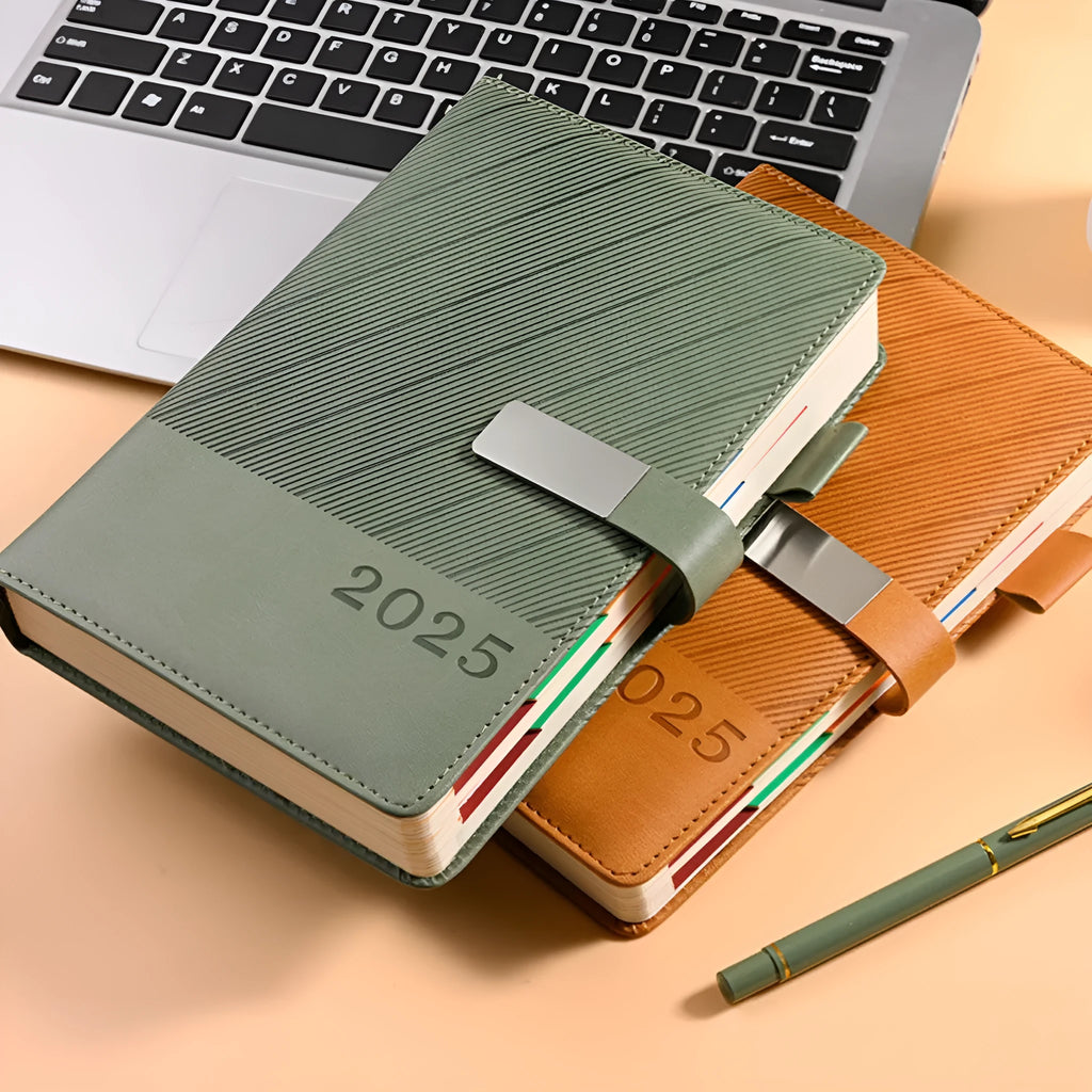 Business notepad with striped PU leather cover showing 204 sheet capacity and wood-free paper