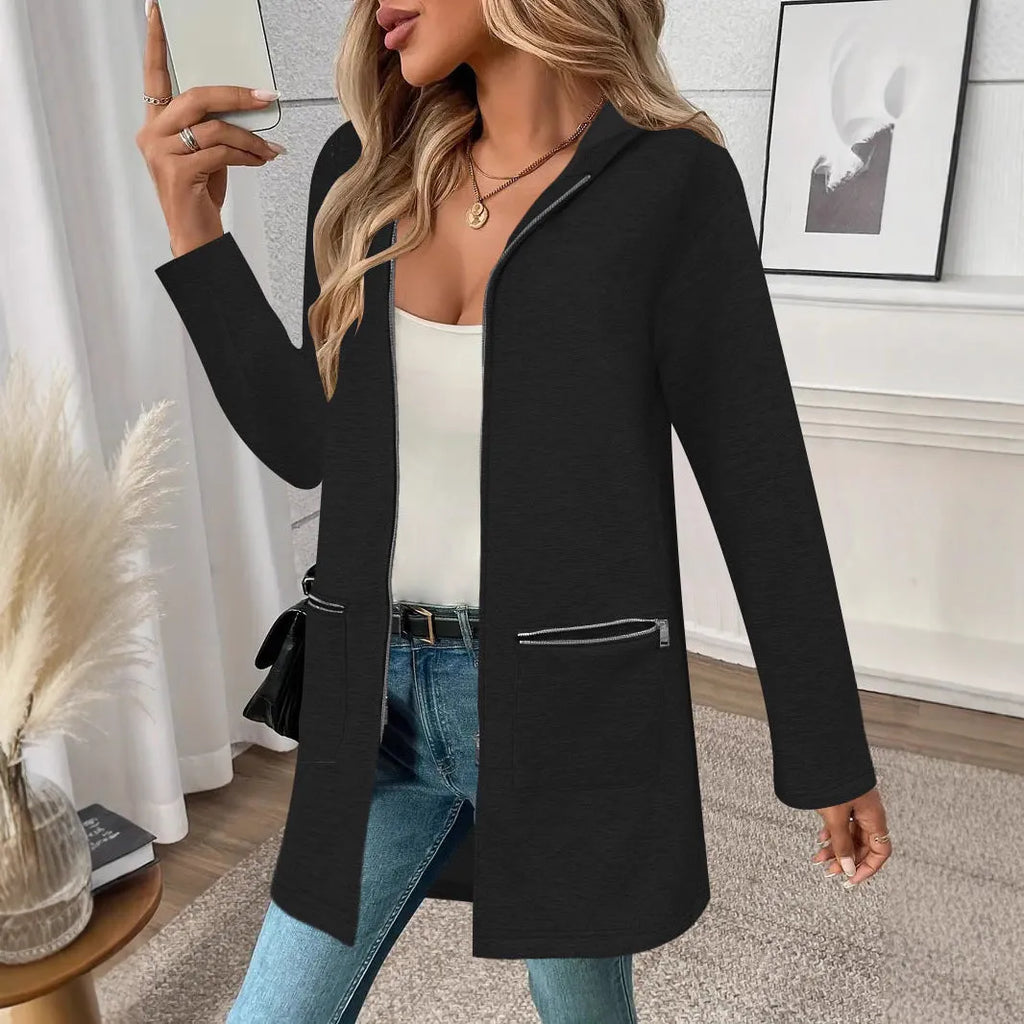 Women's loose casual cardigan coat mid-length with pockets in black, gray or khaki