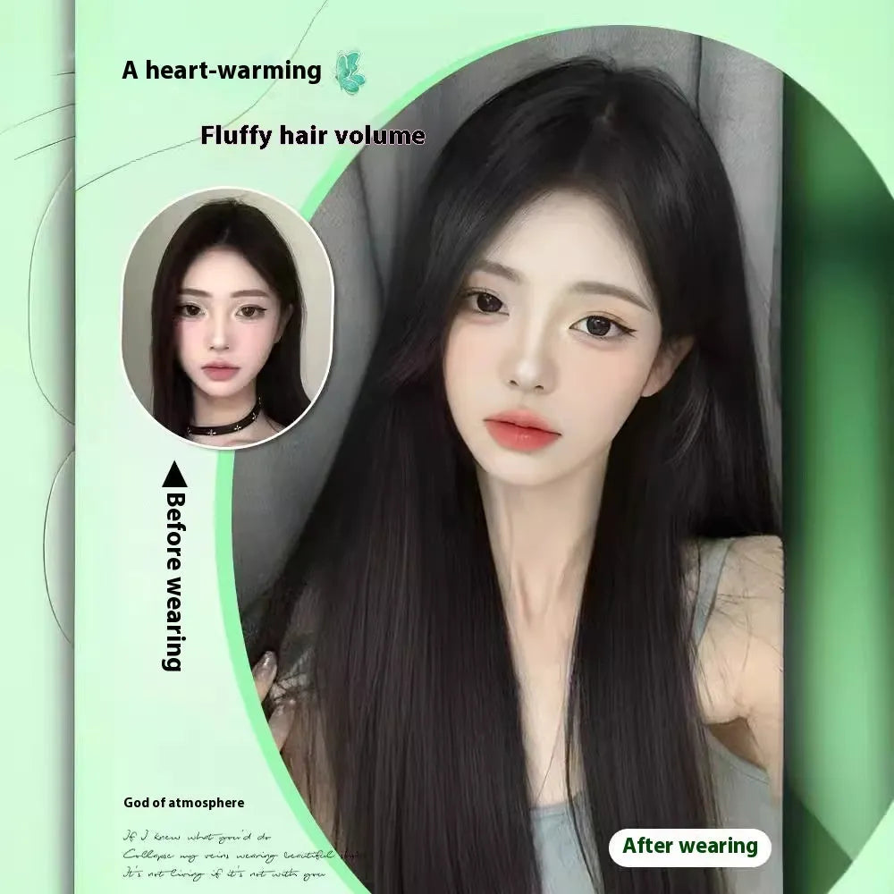 Female full-head wig with forehead lace construction in brown black colour with long straight styling