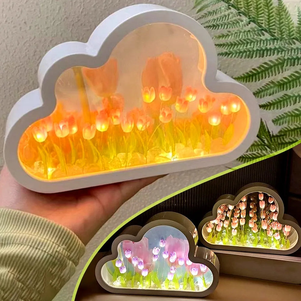 DIY cloud tulip night lamp kit with LED light, mirror, and photo frame on a desk