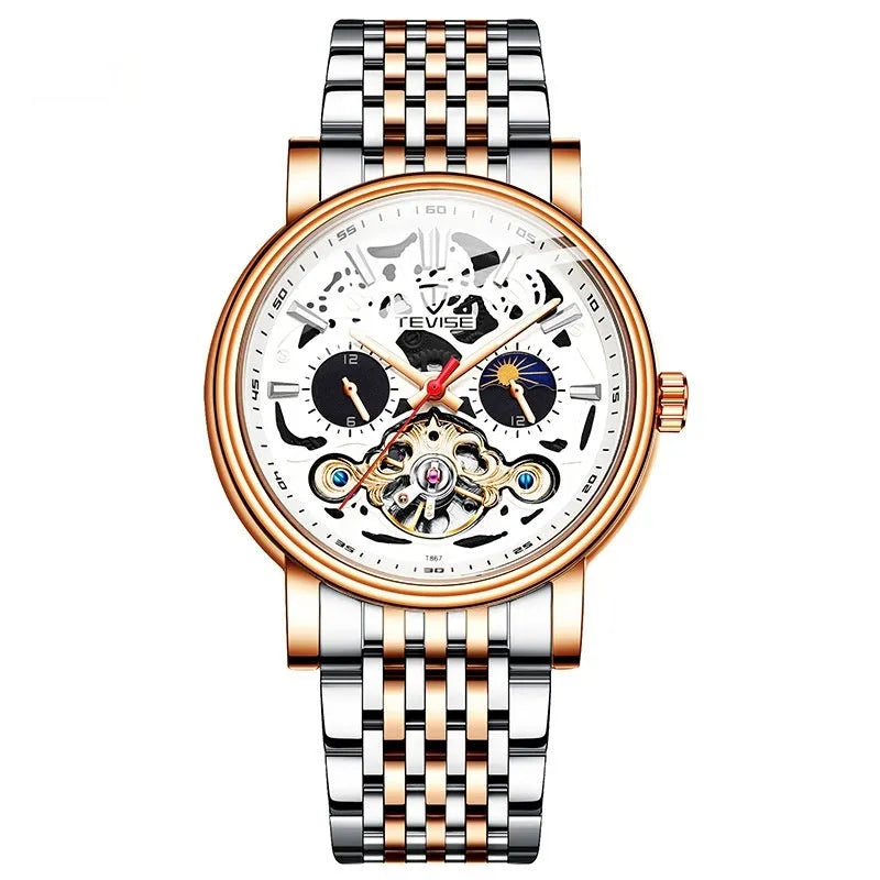 Men's black mechanical watch with luminous hands and a waterproof case on a leather strap.