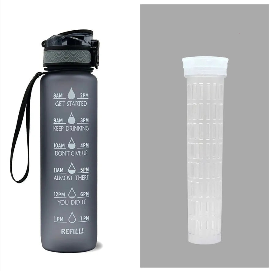Blue and red gradient 1-litre Tritan sports water bottle with time markers, flip-top lid, and wrist strap.