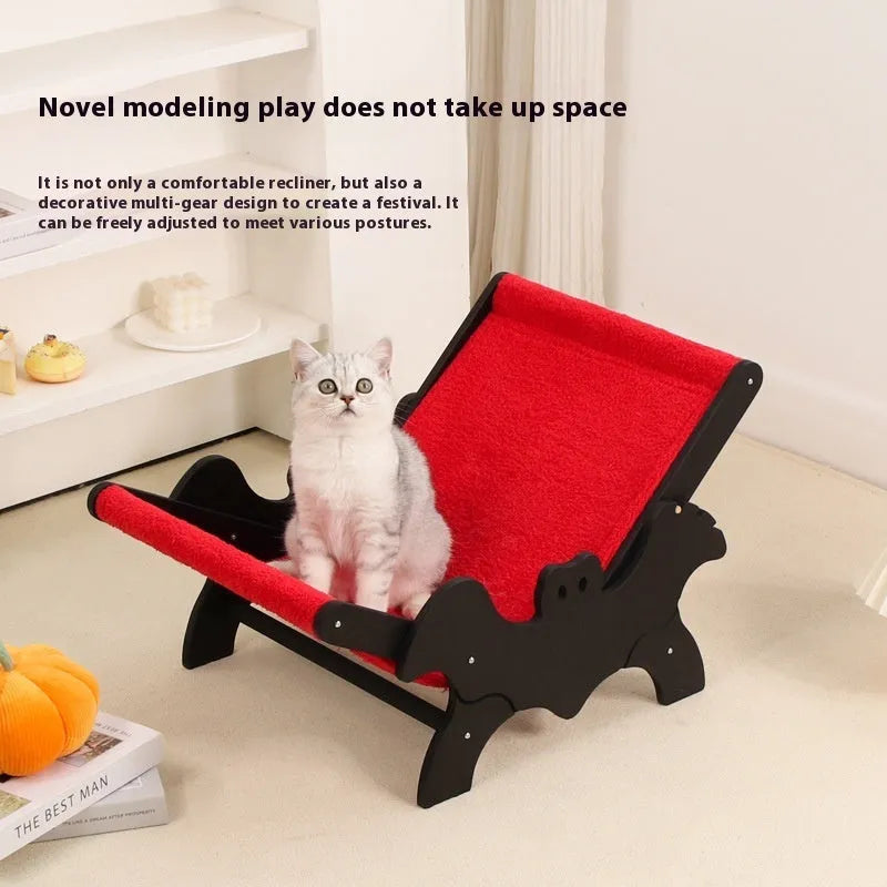 Black and red Halloween bat-themed wooden cat recliner bed with cage design and included lounge chair.