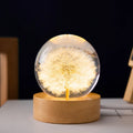 USB dandelion crystal ball night light on wooden base, showing preserved flowers inside 6cm resin sphere.