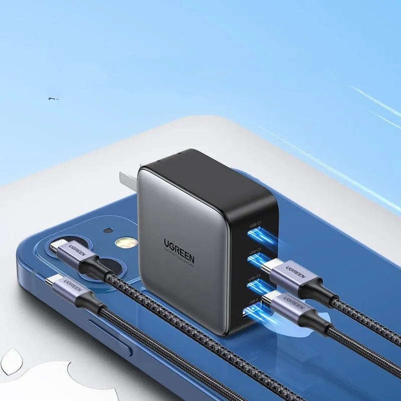 Compact 100W Gallium Nitride fast wall charger plug with multiple USB-C ports