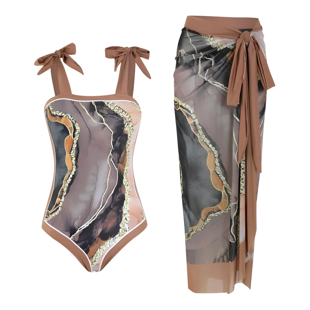 Floral pattern mesh tube top conservative bikini swimsuit with removable skirt in polyester fabric