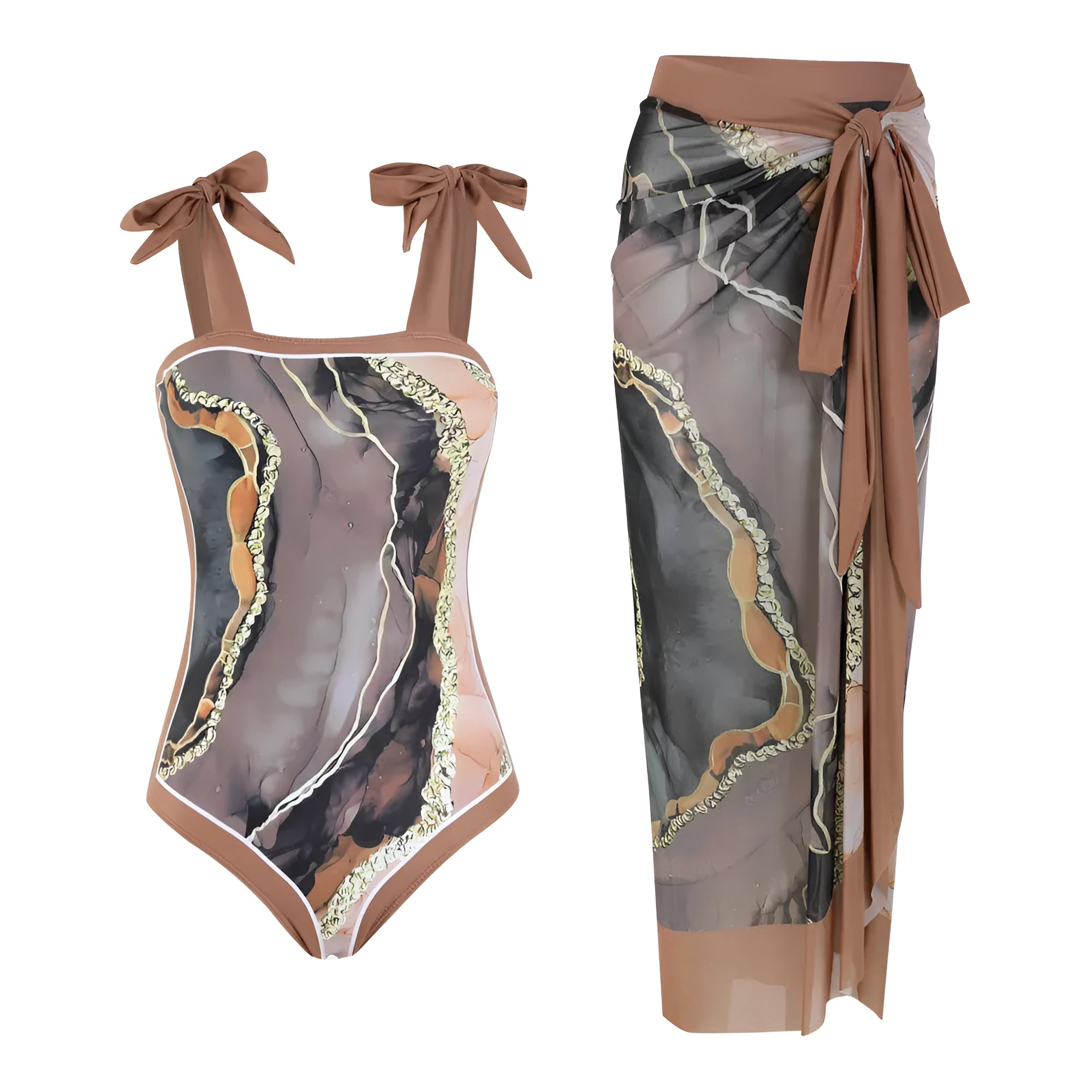 Floral pattern mesh tube top conservative bikini swimsuit with removable skirt in polyester fabric