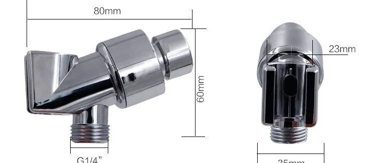 Blue handheld shower head with stop button and turbo nozzle on a chrome bracket.