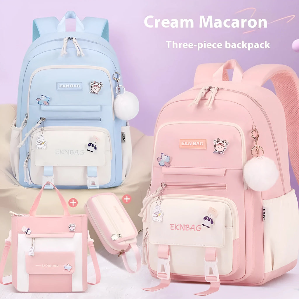 Girls waterproof school backpack in pink colour with curved shoulder straps and spine protection features
