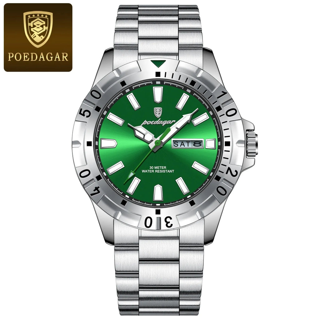 Men's Swiss waterproof luminous watch with 6mm case in gold green colour with steel belt