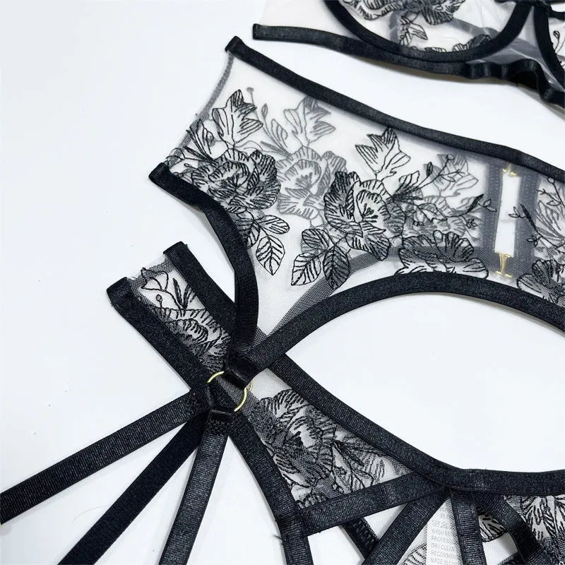 Black lace mesh floral print three-piece women's set with top, pants, and waist ring