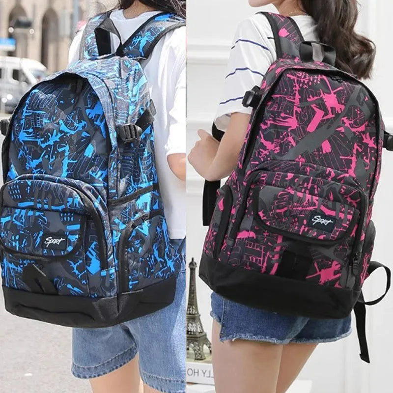 Blue classic nylon backpack with multiple pockets and adjustable padded straps, shown closed.