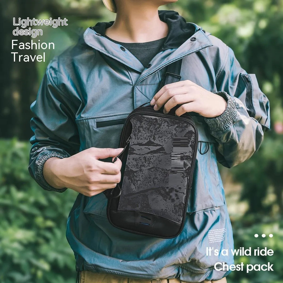 Casual black TPU camouflage chest bag with a single shoulder strap and soft handle, showing a square vertical shape and outer sandwich pocket.