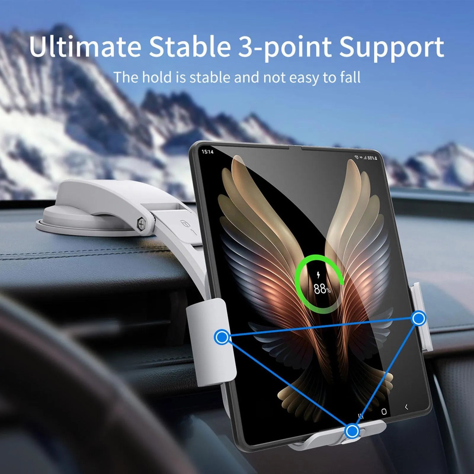 Grey wireless charging car phone holder with folding screen shown with air vent clip and suction cup bracket.