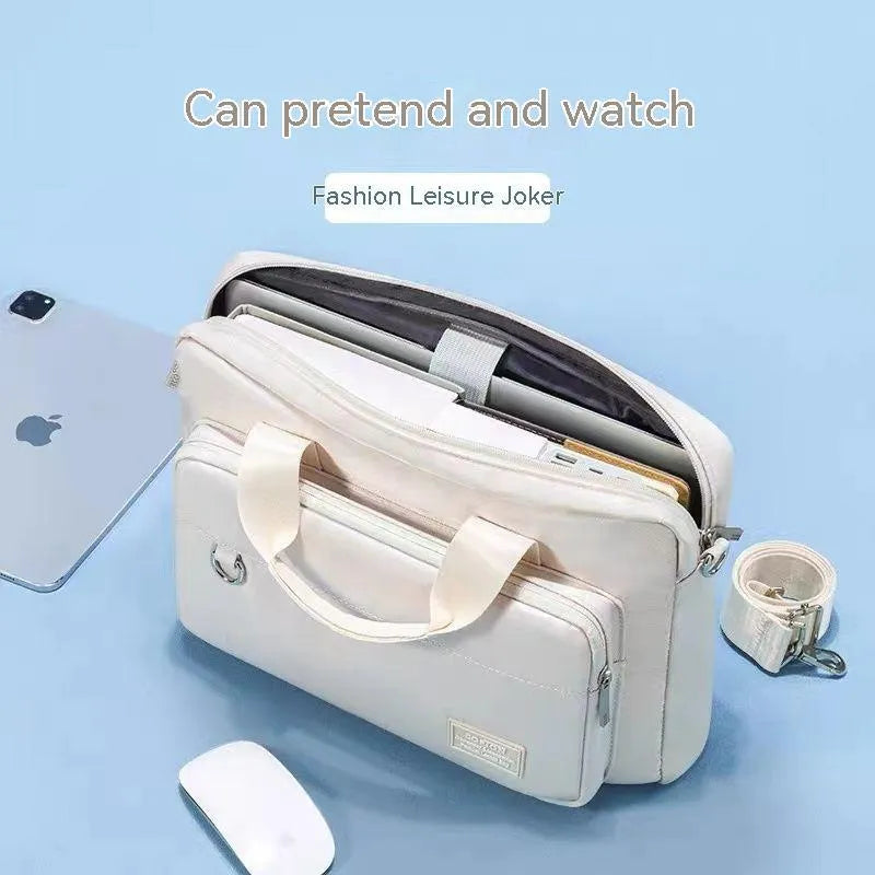 Oxford cloth laptop bag with shockproof air cushion pull rod belt in khaki colour placed on table