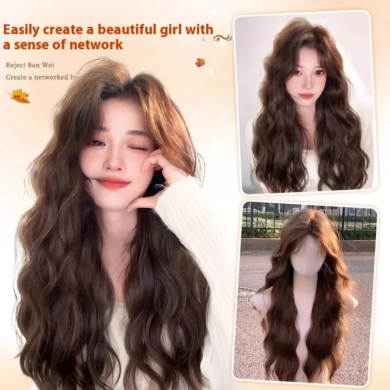 Long curly synthetic wig with side-swept bangs in cold brown colour