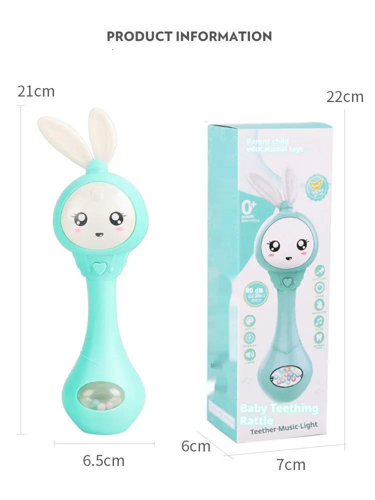 Baby musical rattle stick chewable teether toy in light blue, mint green, orange, or pink.