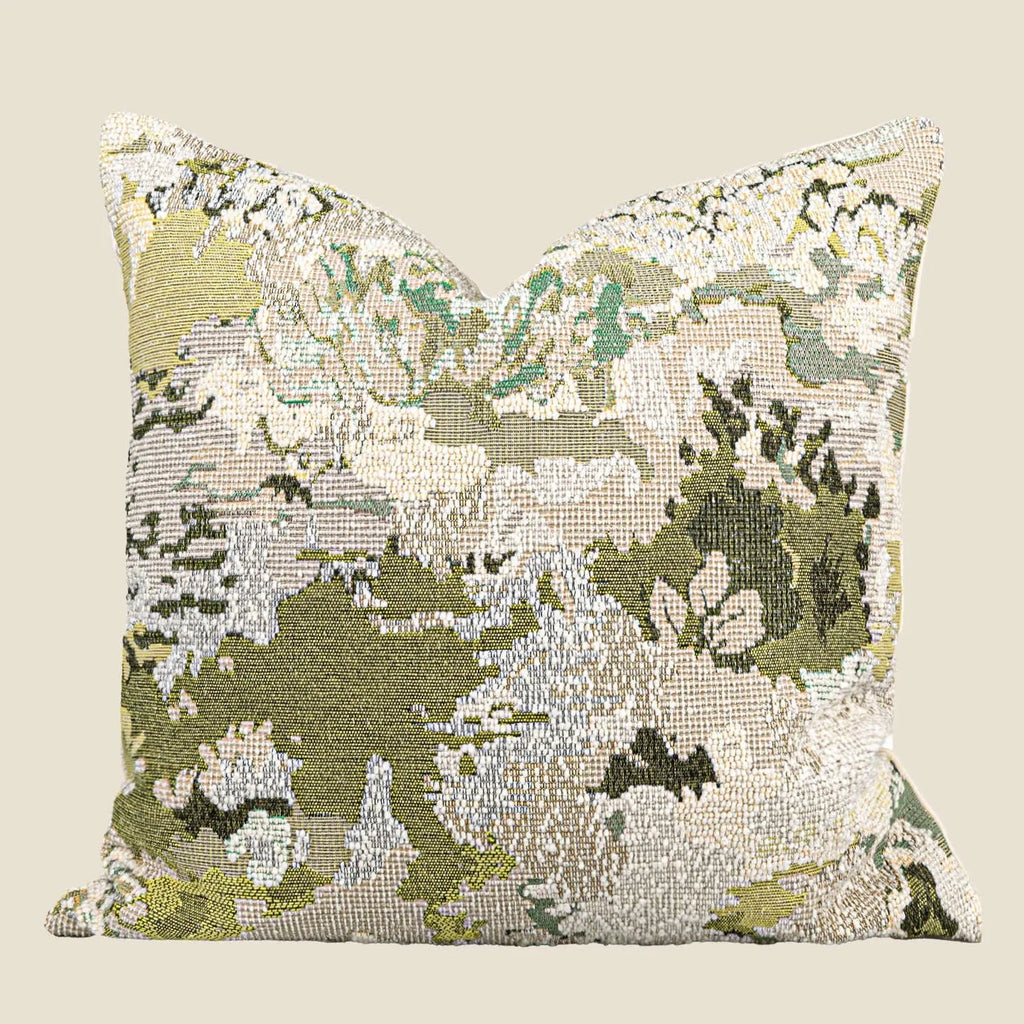 Antique green wool blend cushion cover with spring flowers pattern, shown in square and rectangular waist pillow sizes.