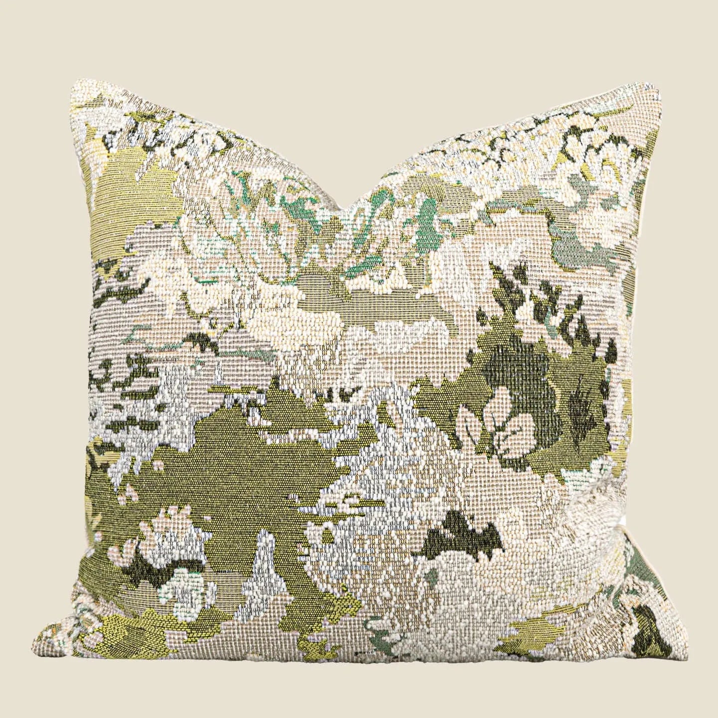 Antique green wool blend cushion cover with spring flowers pattern, shown in square and rectangular waist pillow sizes.