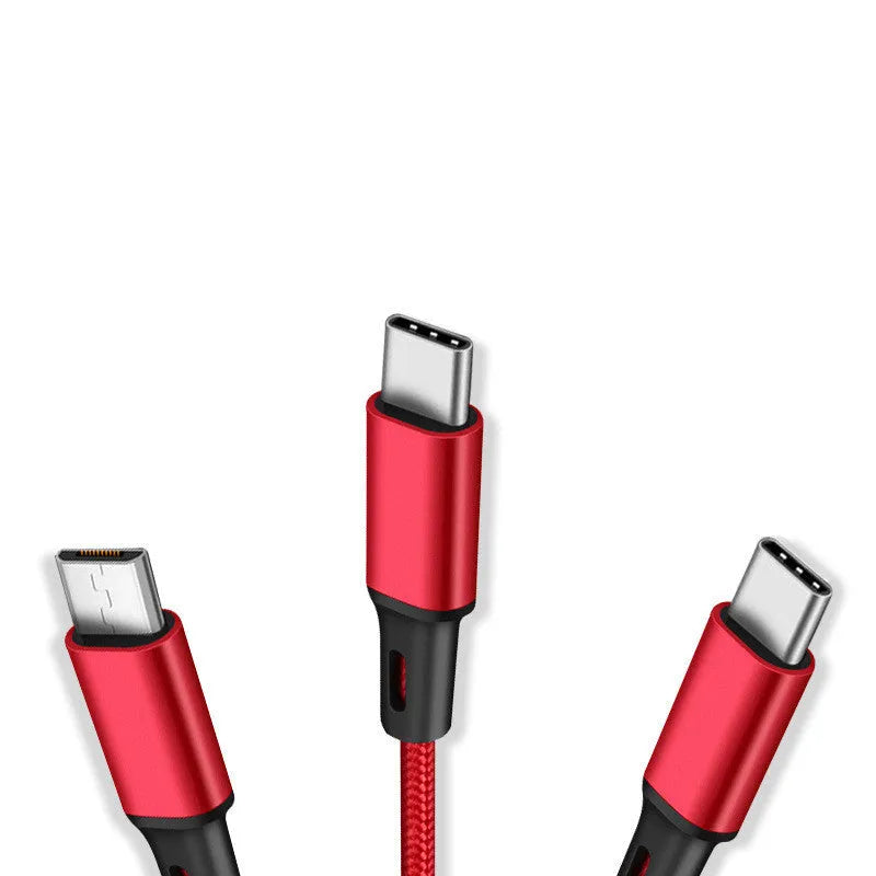 Three-in-one 1.2 metre charging cable with nylon braiding in multiple colour options