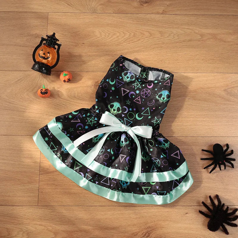 Halloween pet skirt for dogs with double-layer design and colourful pumpkin print.
