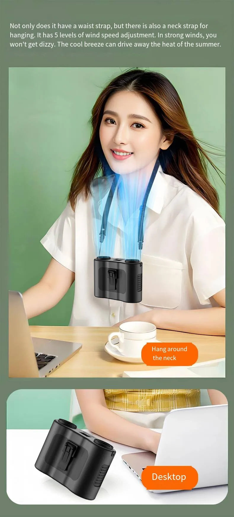 Black waist-hung personal fan with neck lanyard and waist clip, showing control button and turbine blades.
