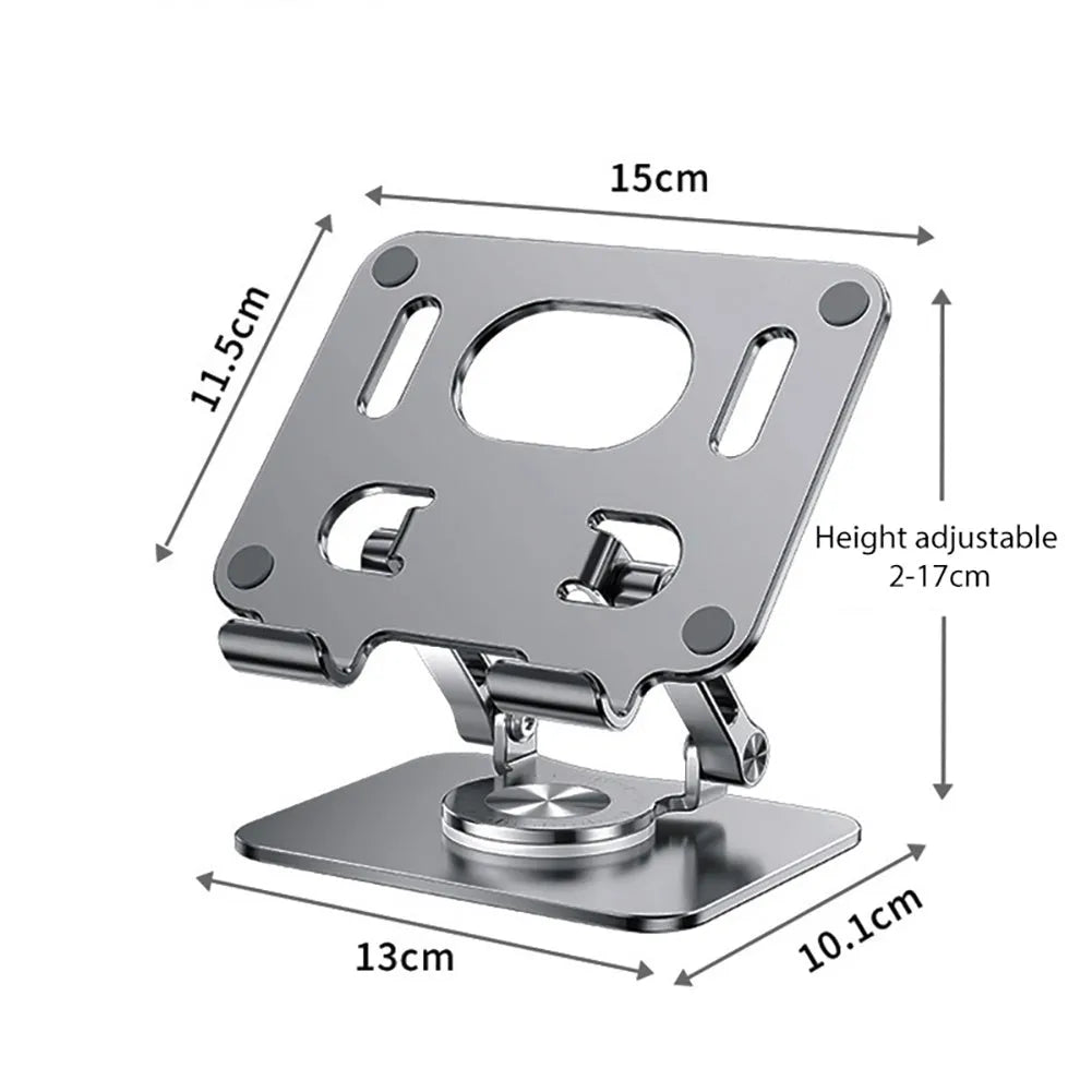 Rotating tablet stand with adjustable height mechanism in technology silver colour showing aluminium plate and silicone grips