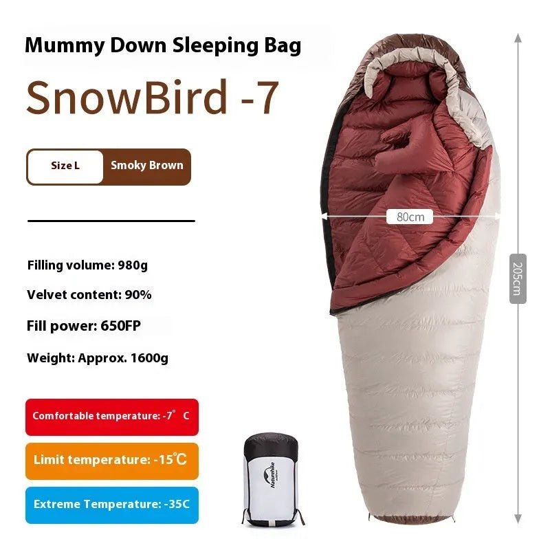 Blue and grey mummy-style down sleeping bag packed in its storage bag for camping.