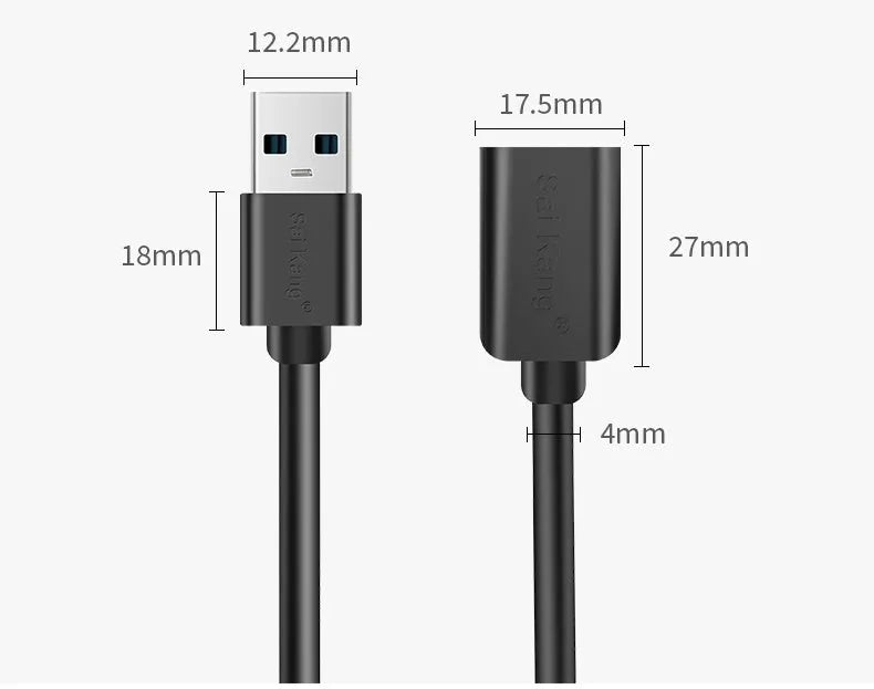 Black USB 3.0 and USB 2.0 male to female extension cable showing connector details.