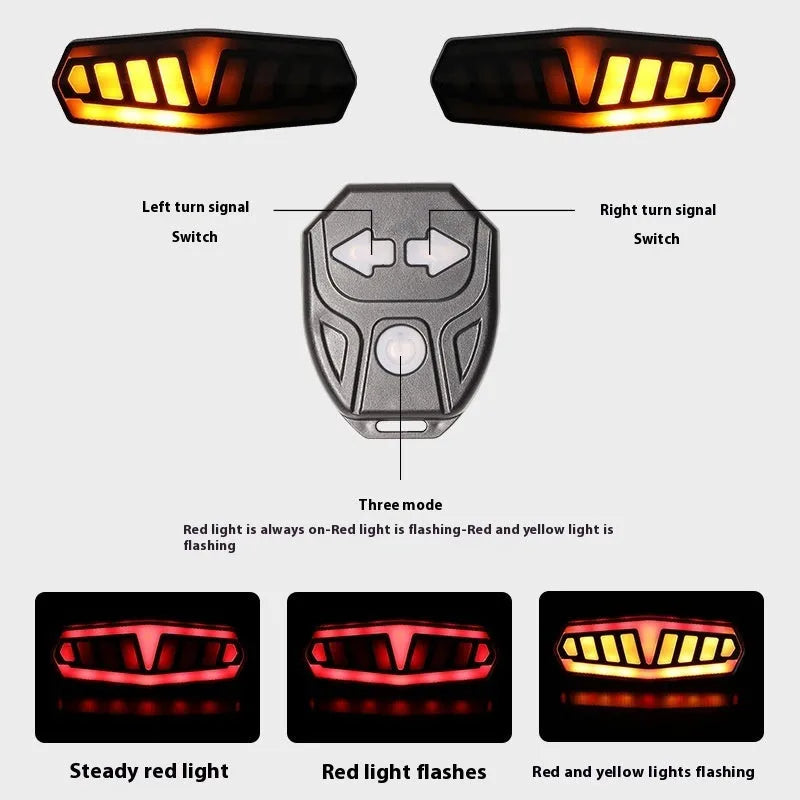 Wireless remote control bicycle taillight with charging cable on black background