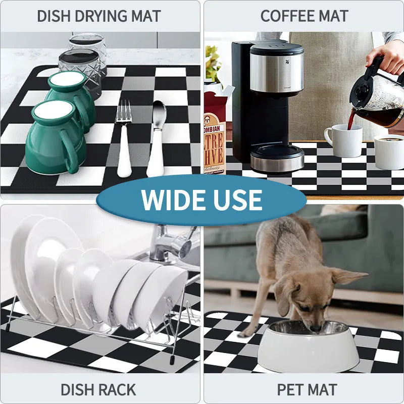 Black square absorbent drain pad mat with PU leather surface on a kitchen countertop