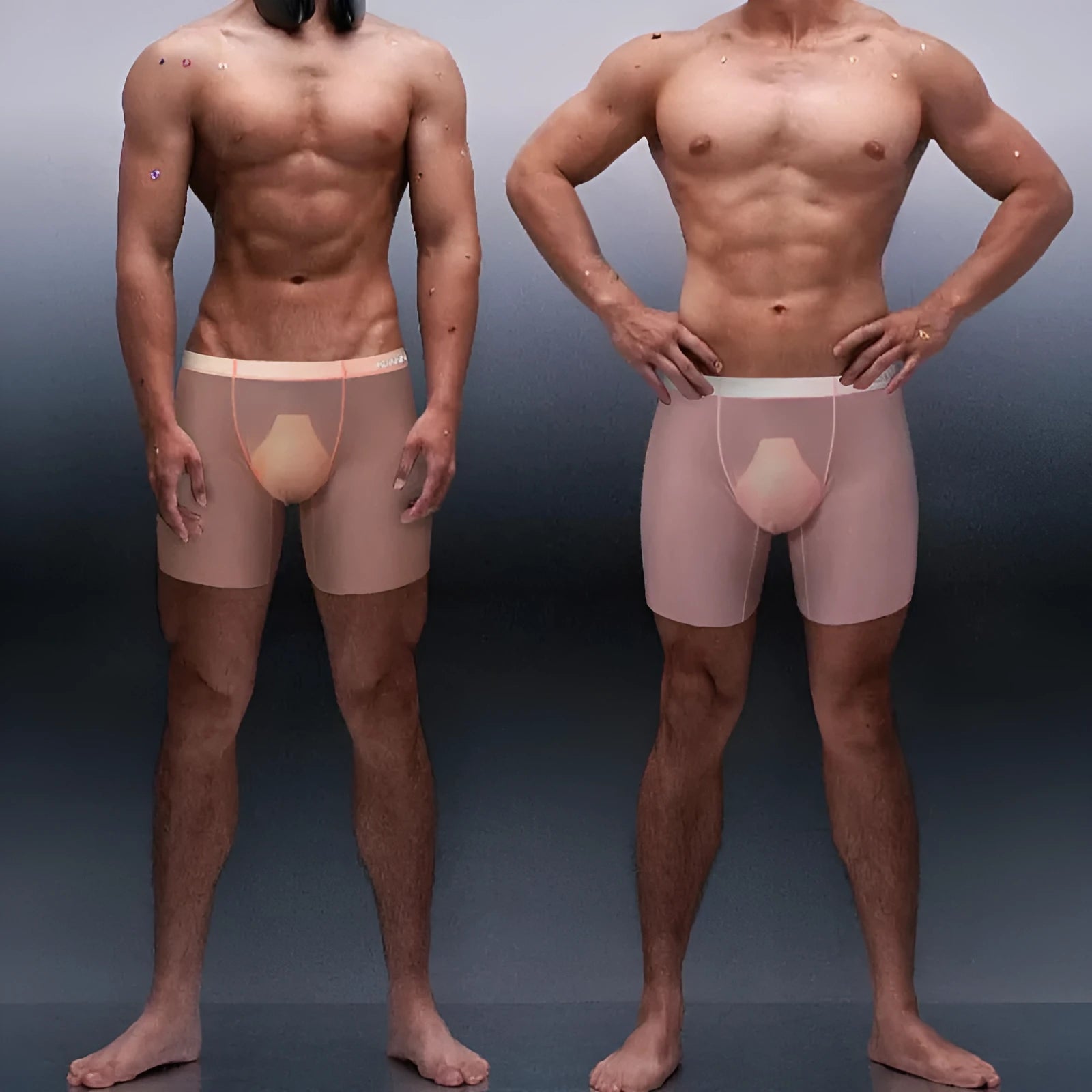 Men's seamless nylon boxer shorts in orange, low waist design, laid flat.
