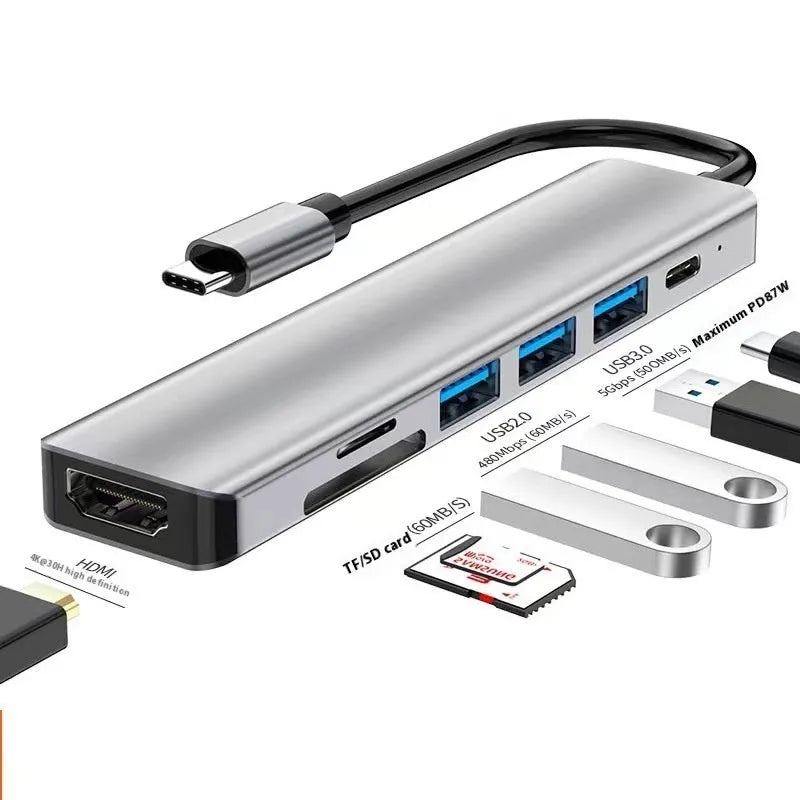 USB-C 7-in-1 expansion dock with HDMI port and multiple USB connections on a 15cm cable.