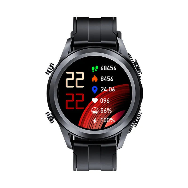 Men's black Bluetooth smart watch with silicone wristband showing heart rate monitor on screen