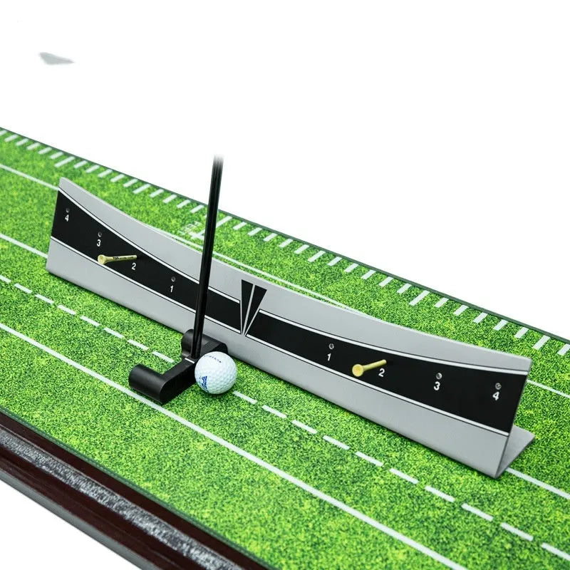 Golf putter trajectory balance simulator with adjustable push rod on a putting mat