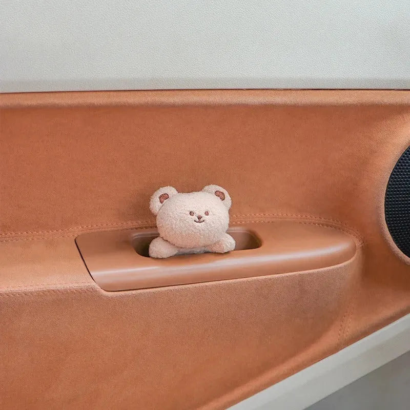 Soft fabric plush doll car decoration for dashboard or centre console in cartoon bear and bunny designs.