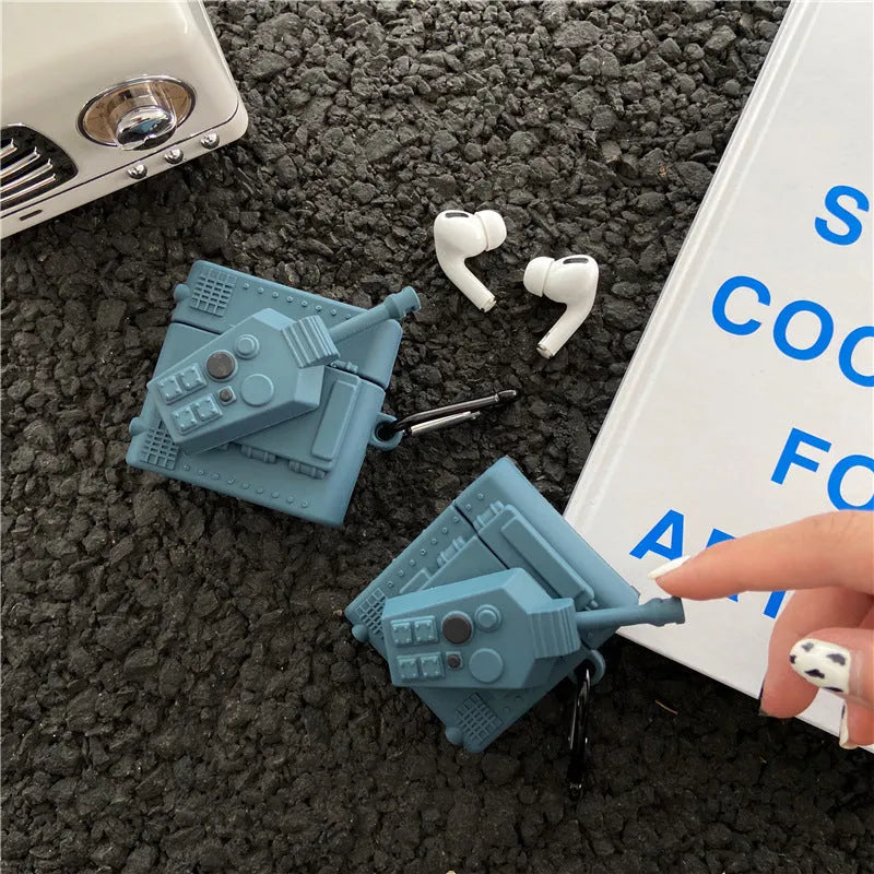 Silicone earphone box clamshell case with tank design and hook, compatible with AirPods models