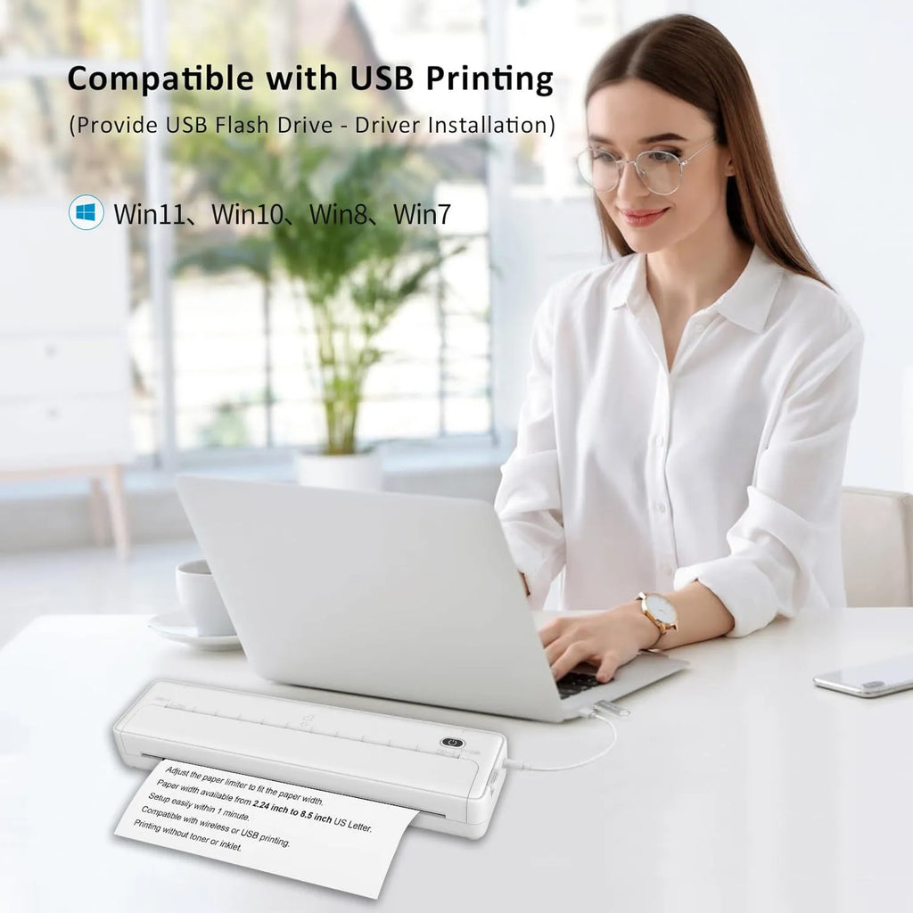Black or white X8 model portable A4 thermal printer with Bluetooth, shown next to a mobile phone for scale.